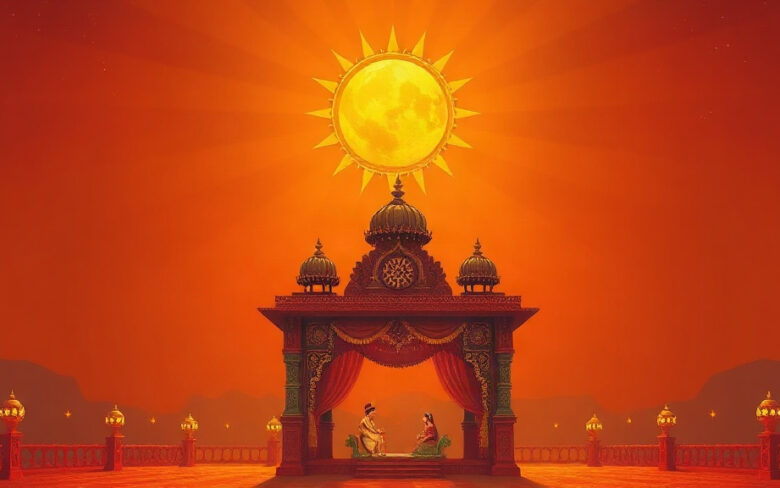 a serene astrological illustration symbolizing the sun (surya) as karaka of marriage in vedic astrology, golden sun rays over a traditional south indian wedding mandapam, warm orange and maroon tones, spiritual and elegant, digital art style